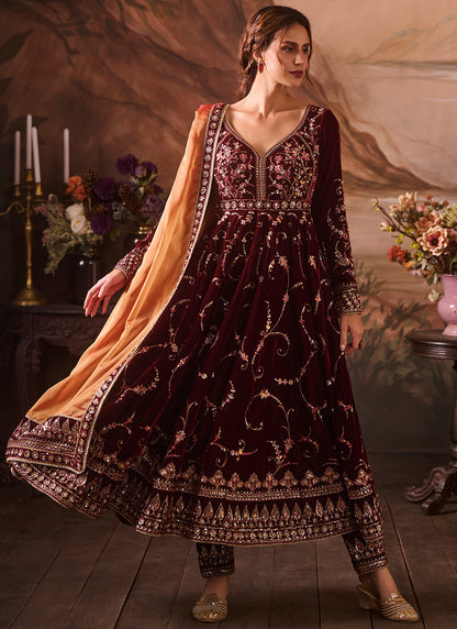 Maroon Embroidered Velvet Anarkali