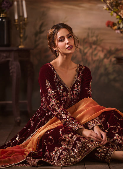 Maroon Embroidered Velvet Anarkali