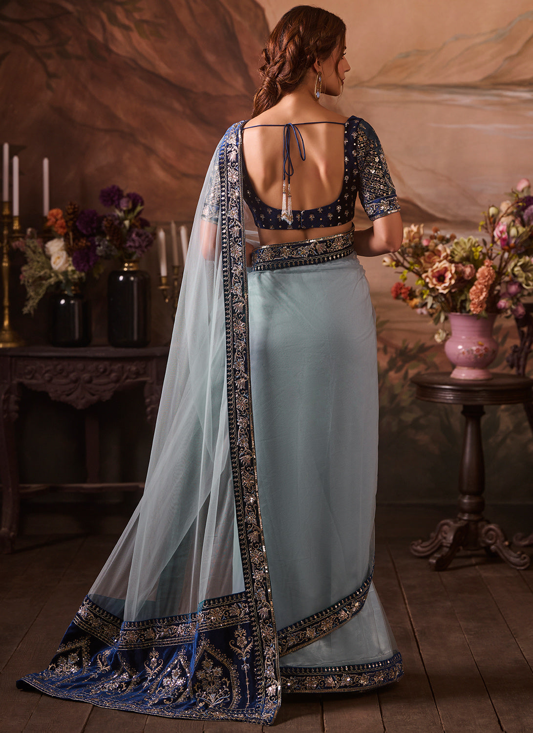 Sky Blue Embroidered Velvet Saree