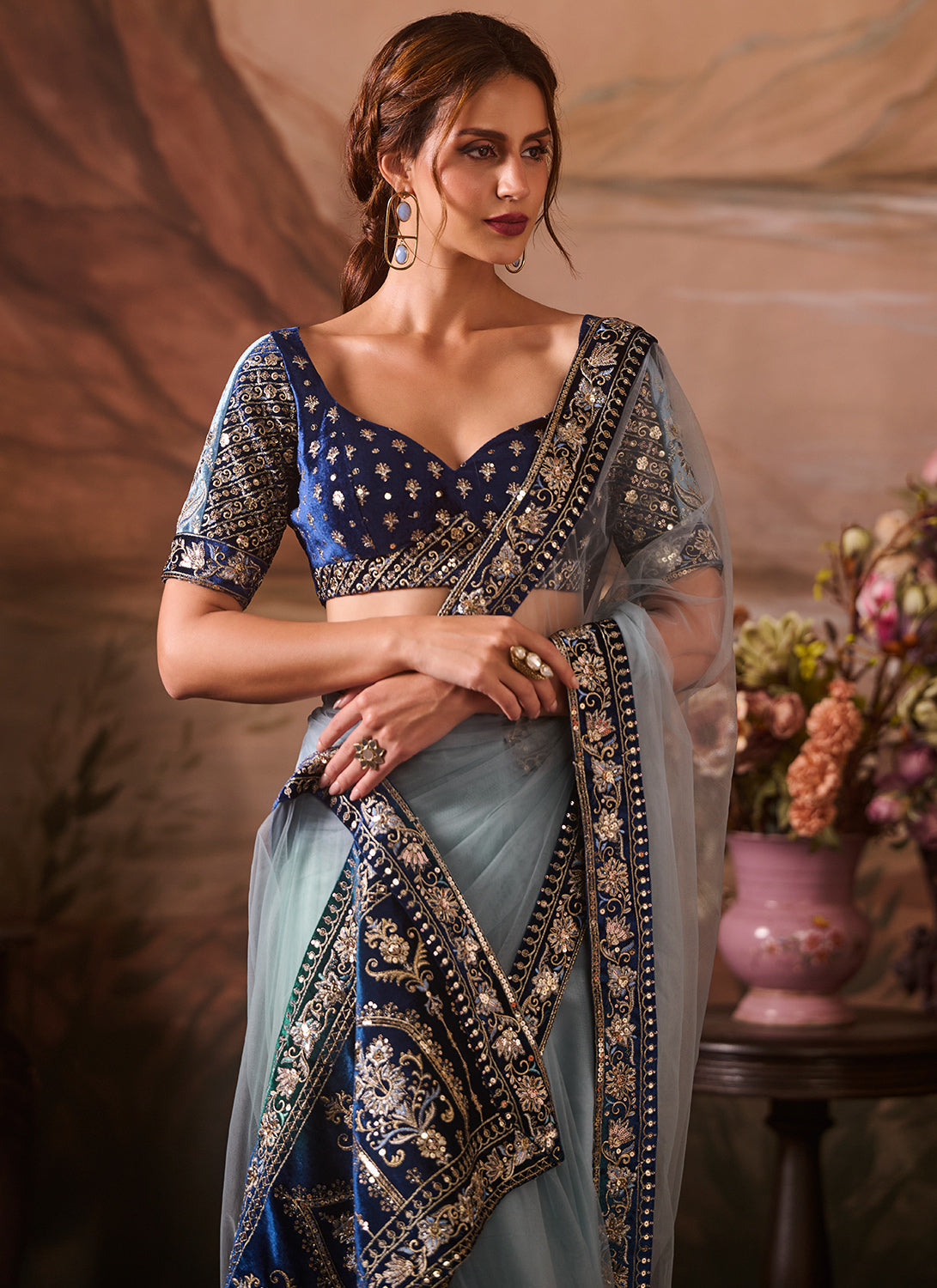 Sky Blue Embroidered Velvet Saree