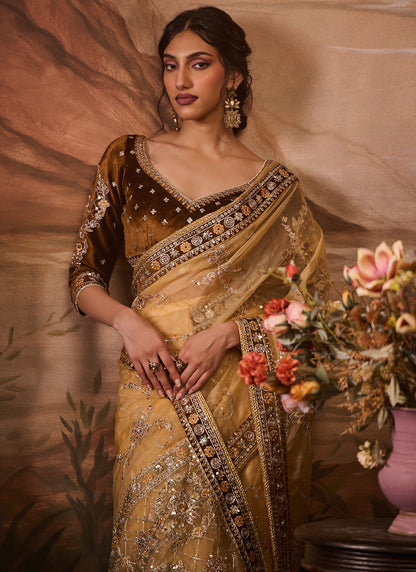 Dusty Yellow Embroidered Velvet Saree