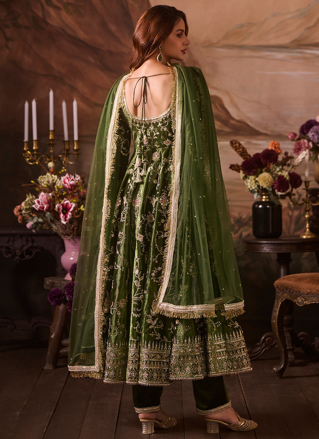 Green Embroidered Velvet Anarkali