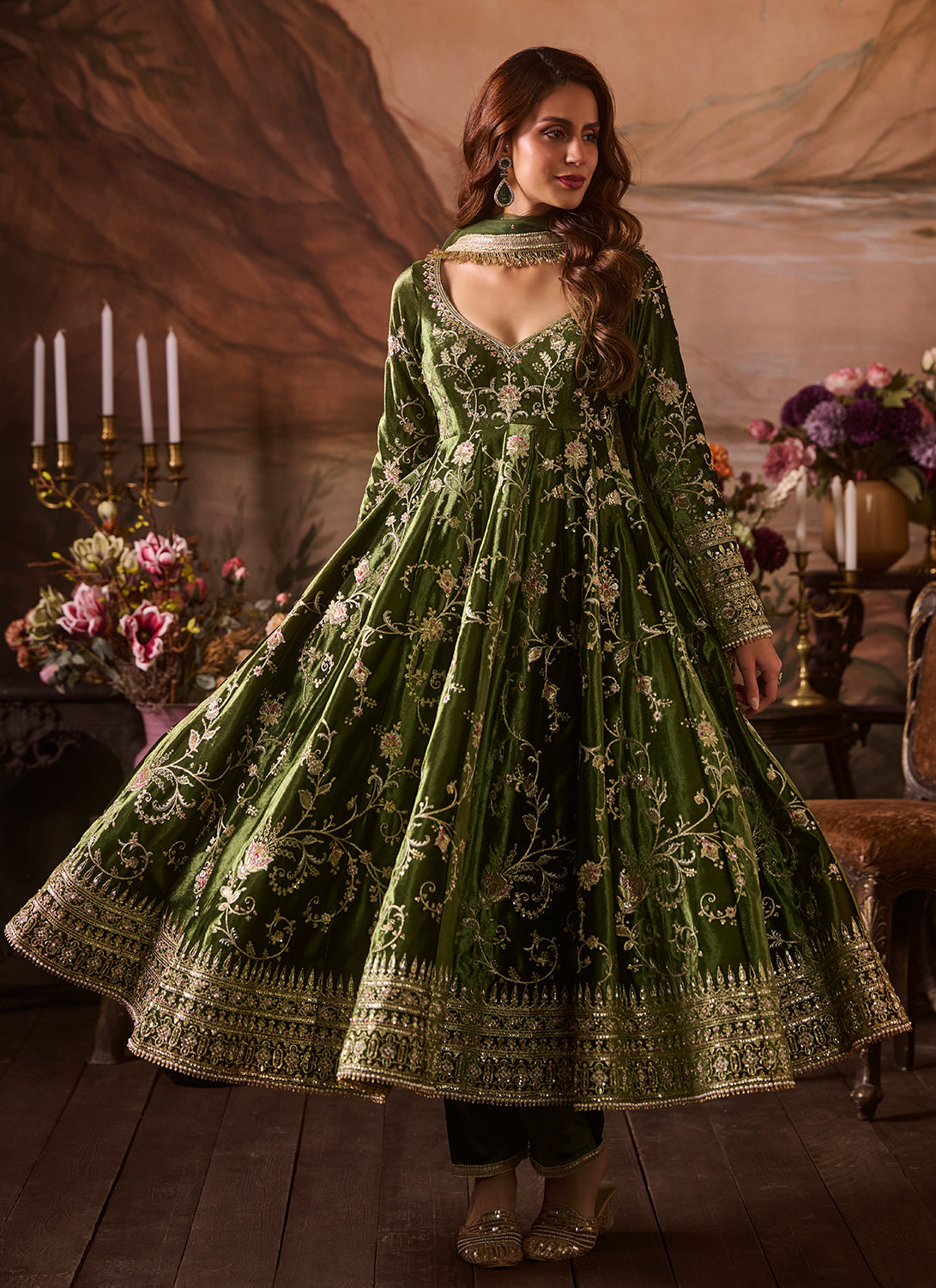 Green Embroidered Velvet Anarkali