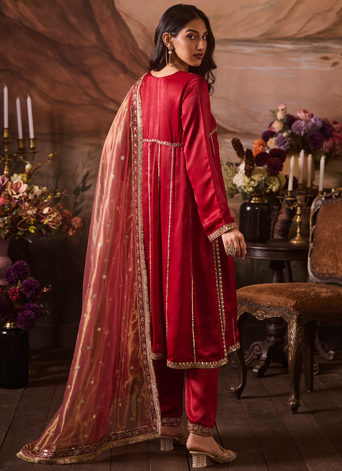 Red Embroidered Velvet Kurta Style Pant Suit