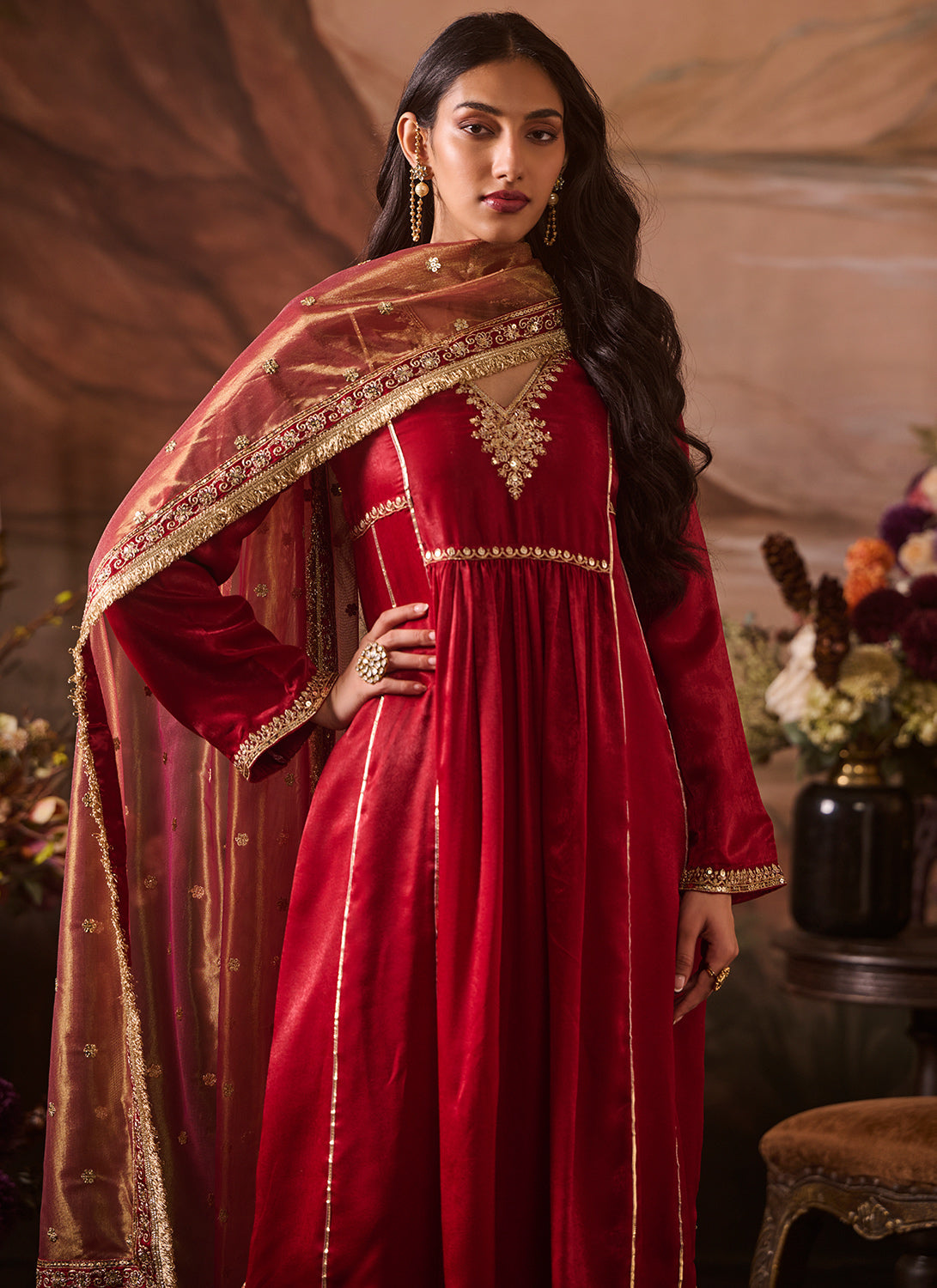 Red Embroidered Velvet Kurta Style Pant Suit