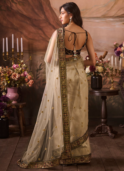 Black and Beige Embroidered Velvet Saree