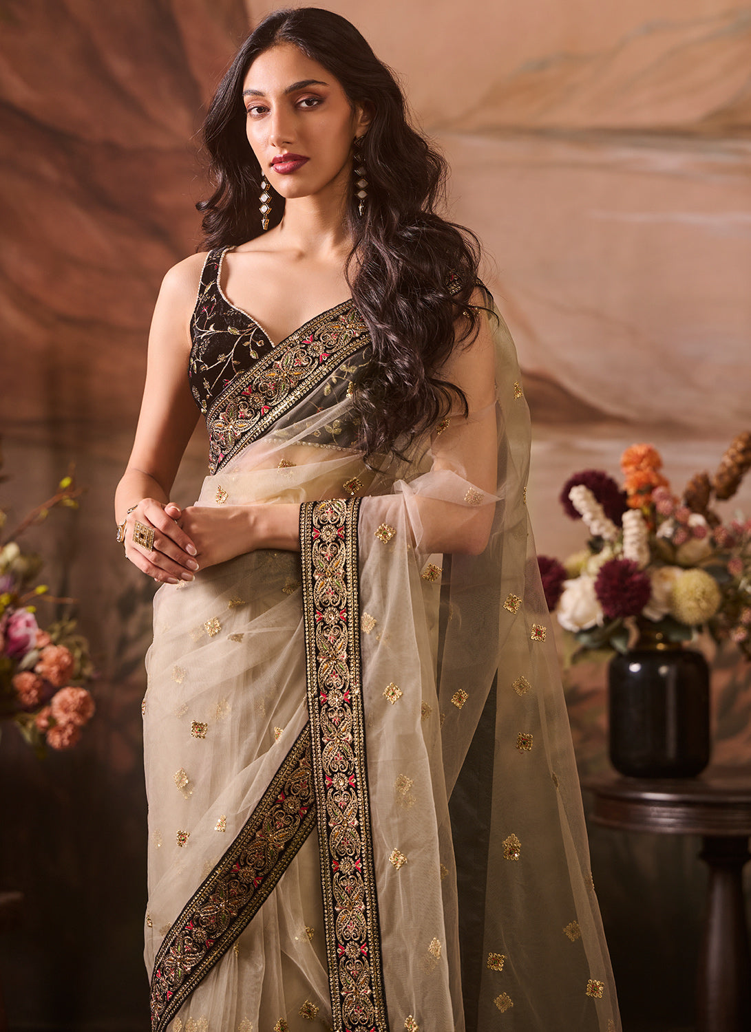 Black and Beige Embroidered Velvet Saree