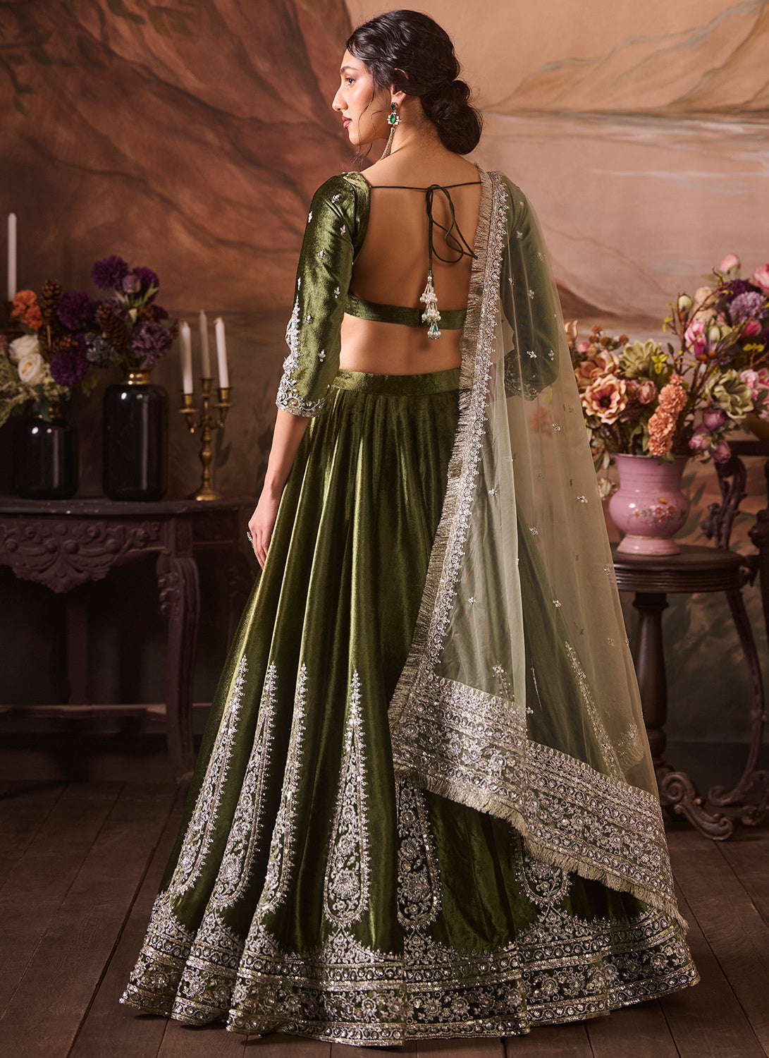 Green Embroidered Velvet Lehenga