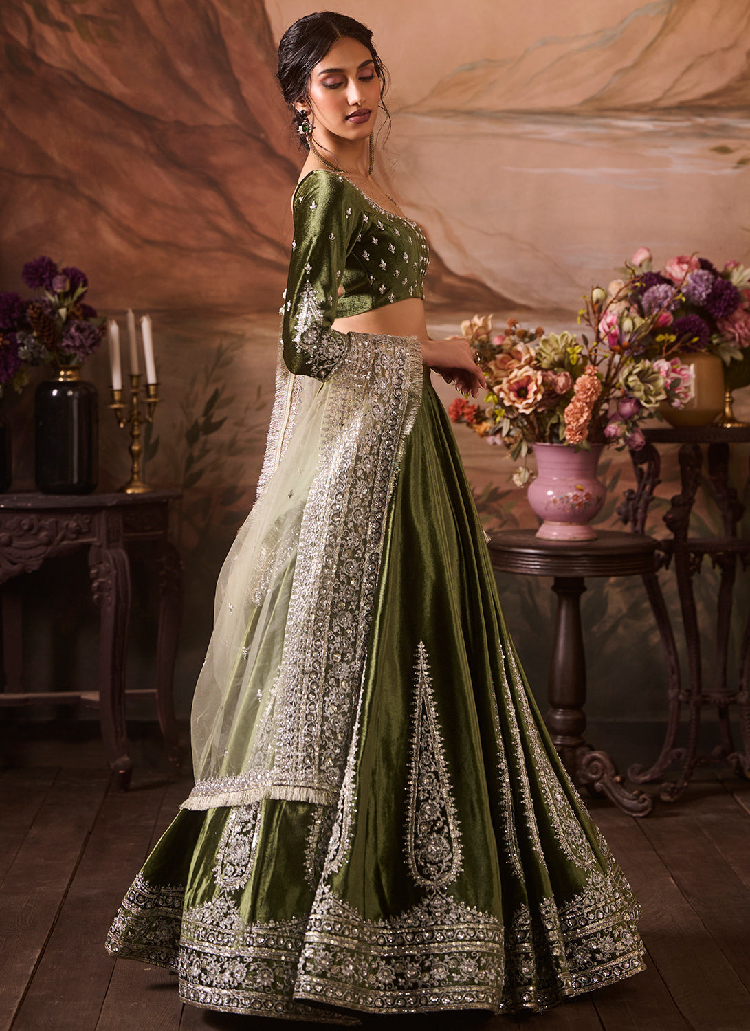 Green Embroidered Velvet Lehenga