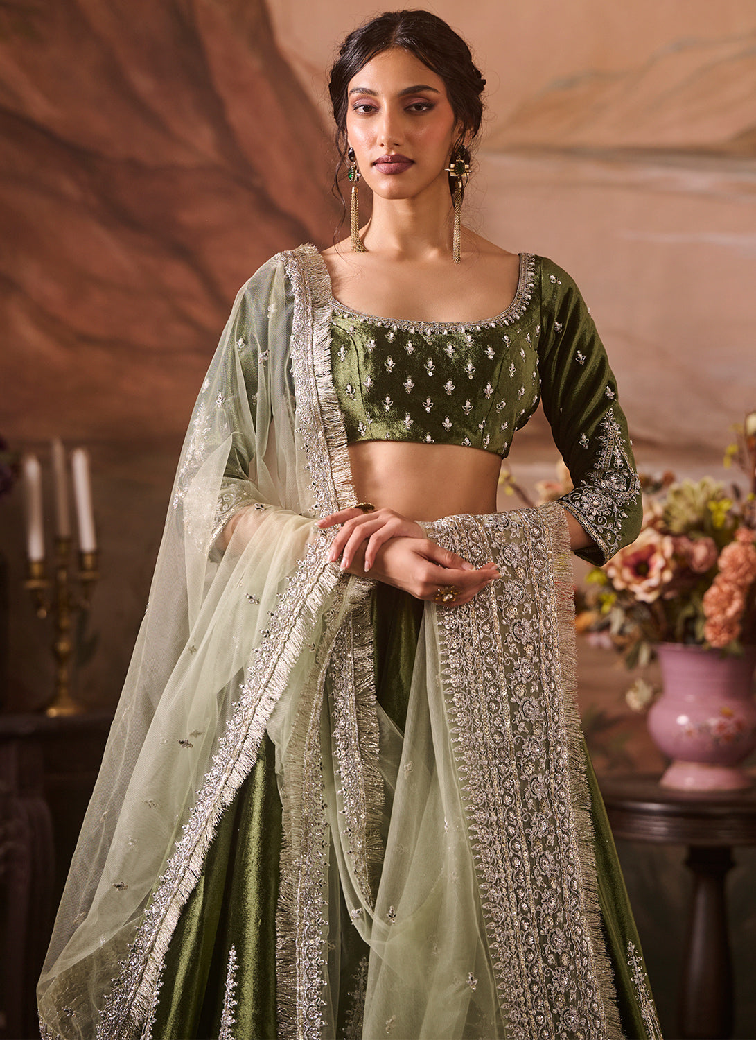 Green Embroidered Velvet Lehenga