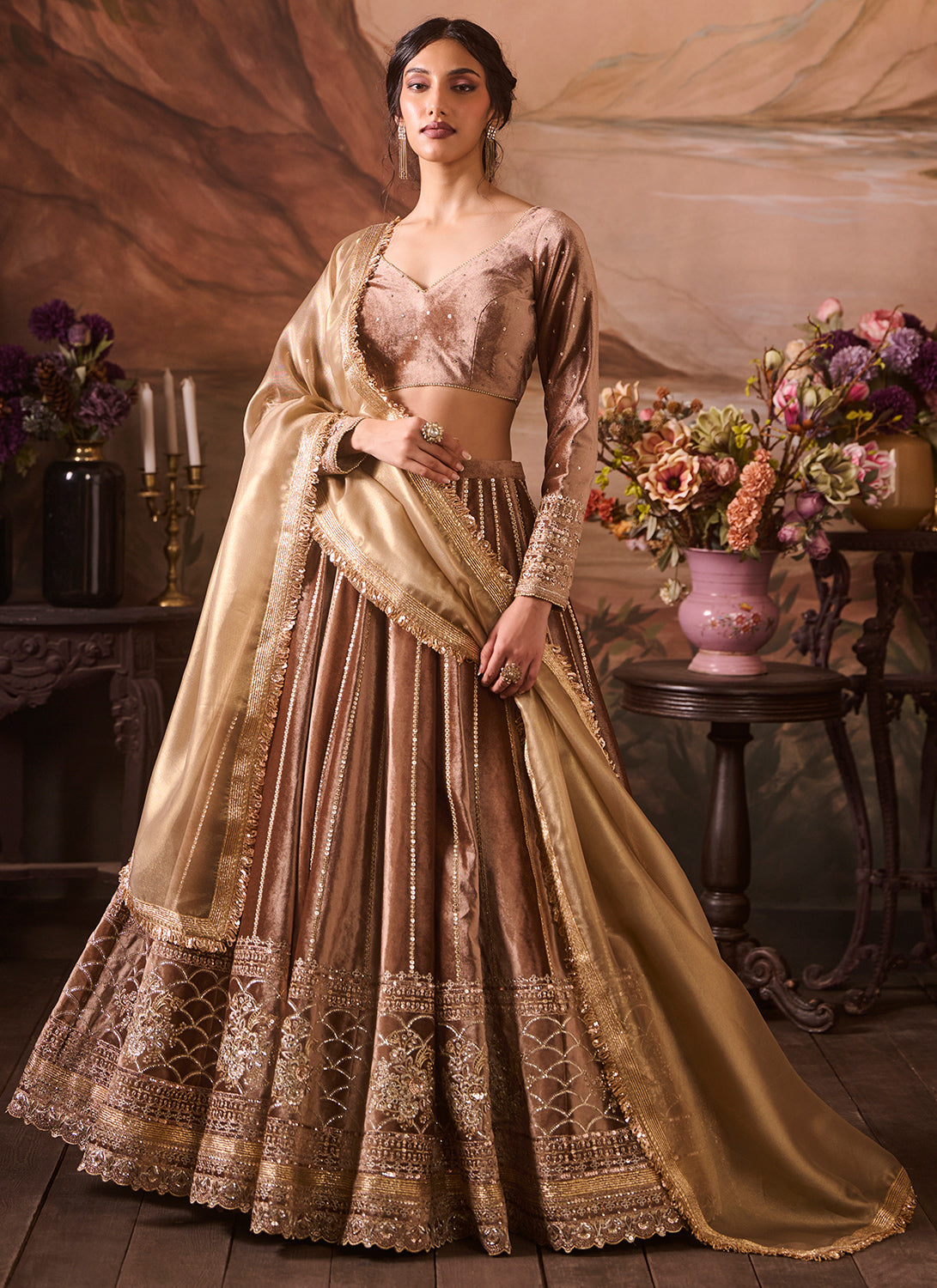 Taupe Embroidered Velvet Lehenga