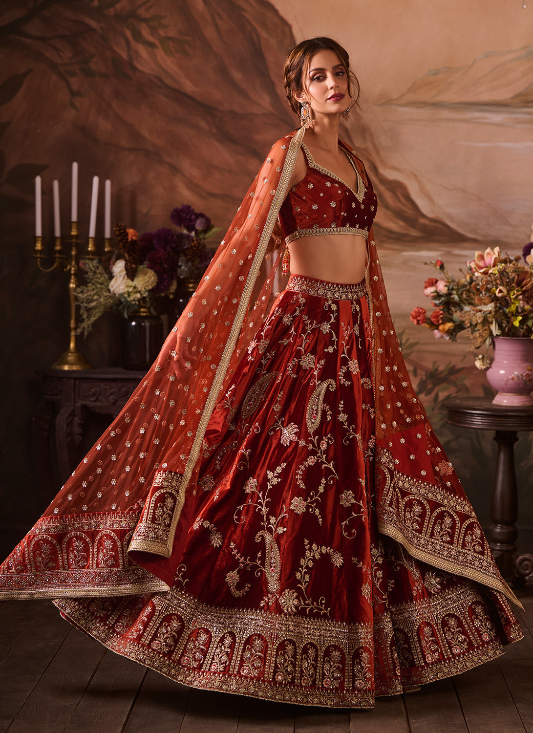 Rust Embroidered Velvet Lehenga