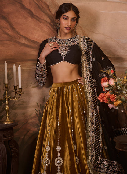 Black and Mustard Embroidered Velvet Lehenga