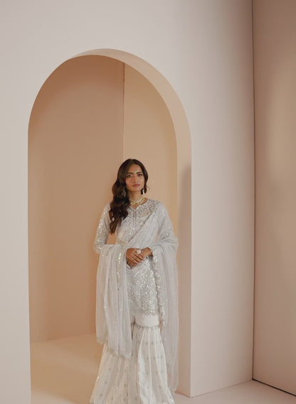 Dusty Blue and White Embroidered Gharara Suit