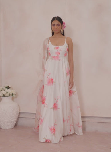 Off White and Pink Floral Anarkali