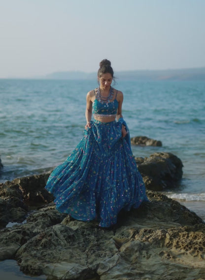 Teal Floral Printed Lehenga