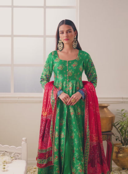 Red and Green Floral Printed Pant Style Anarkali