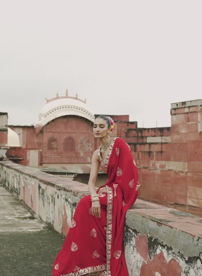 Red Embroidered Brocade Saree