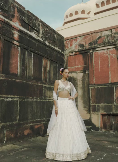 White Embroidered Brocade Lehenga