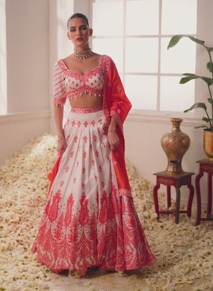 Orange and White Floral Printed Lehenga