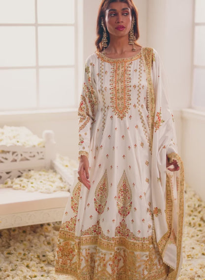 White Multicolor Floral Printed Anarkali