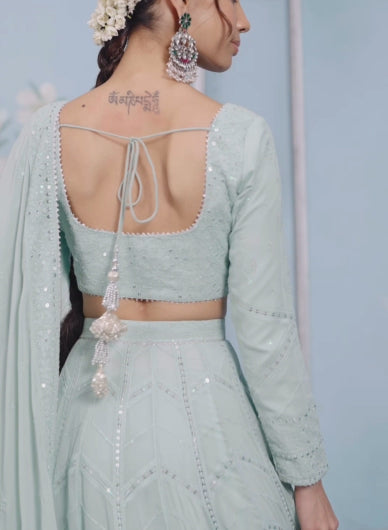 Dusty Mint Green Thread Embroidered Lehenga