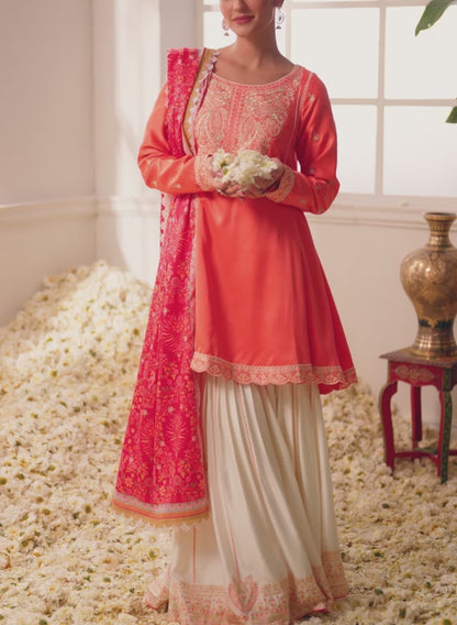 Coral and White Floral Printed Gharara Suit