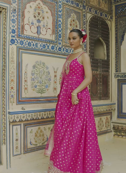 Hot Pink Hand Embroidered Brocade Anarkali