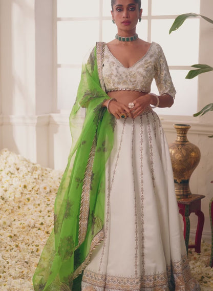 White and Green Floral Printed Lehenga