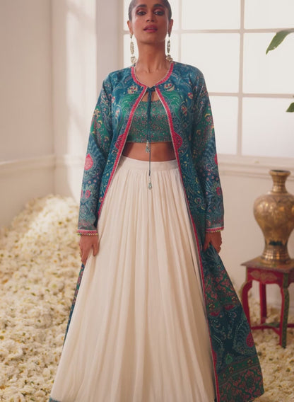 Teal Multicolor Floral Printed Lehenga With Jacket