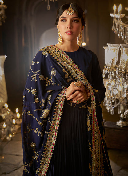 Navy Blue Embroidered Anarkali