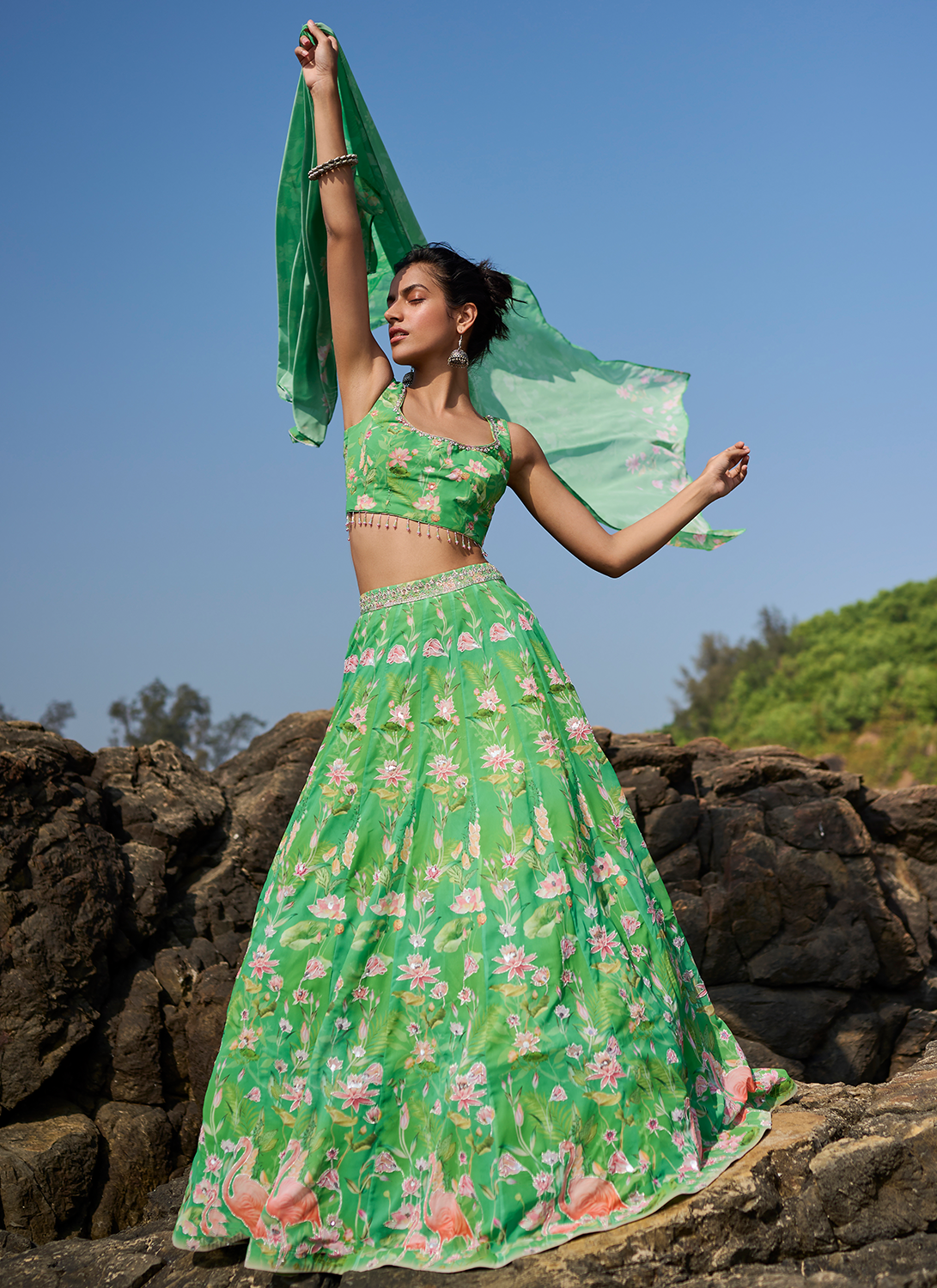 Buy Green printed lehenga set by Basil Leaf at Aashni and Co