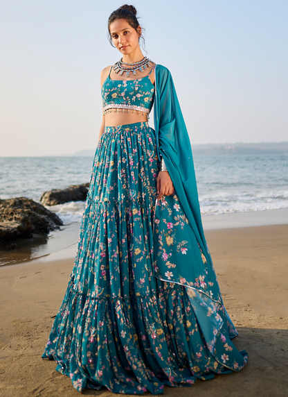 Teal Floral Printed Lehenga