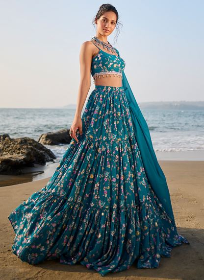 Teal Floral Printed Lehenga