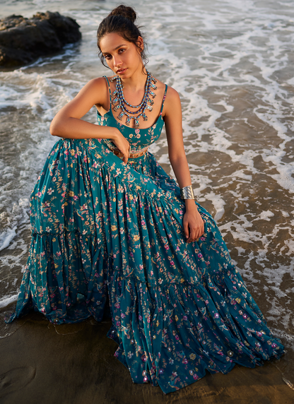 Teal Floral Printed Lehenga