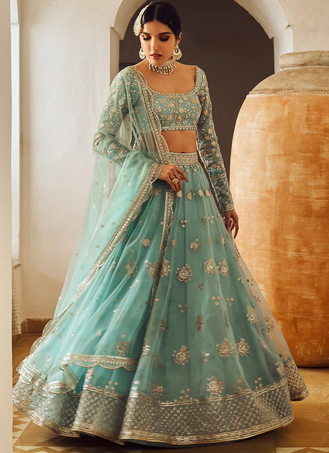 Dusty Blue Embroidered Lehenga