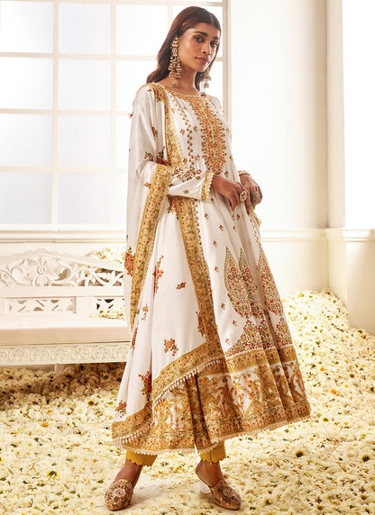 White Multicolor Floral Printed Anarkali