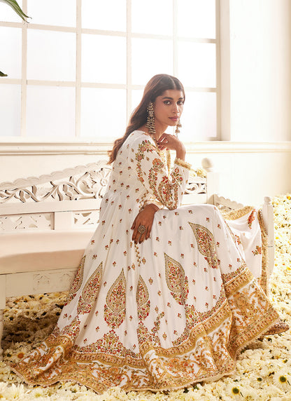 White Multicolor Floral Printed Anarkali