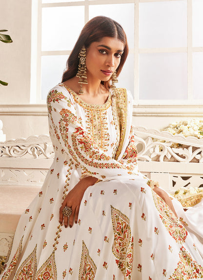 White Multicolor Floral Printed Anarkali