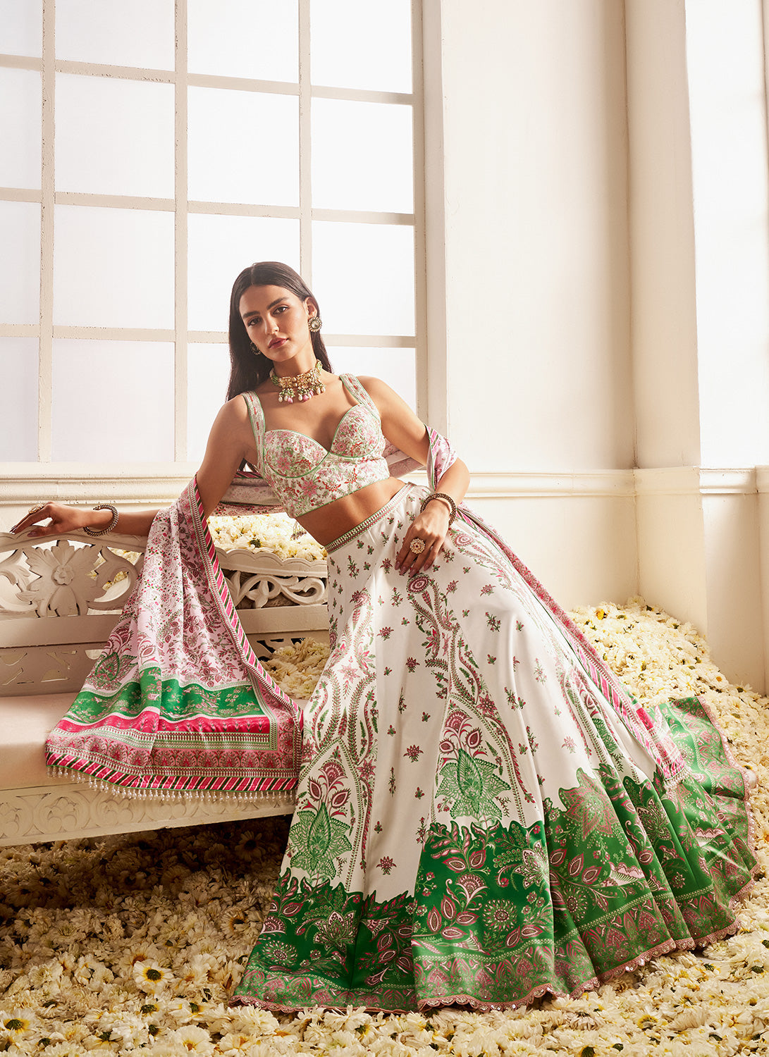 Olive Green Embroidered Floral Blouse with Off White Lehenga - The Little  Black Bow- Fabilicious Fashion