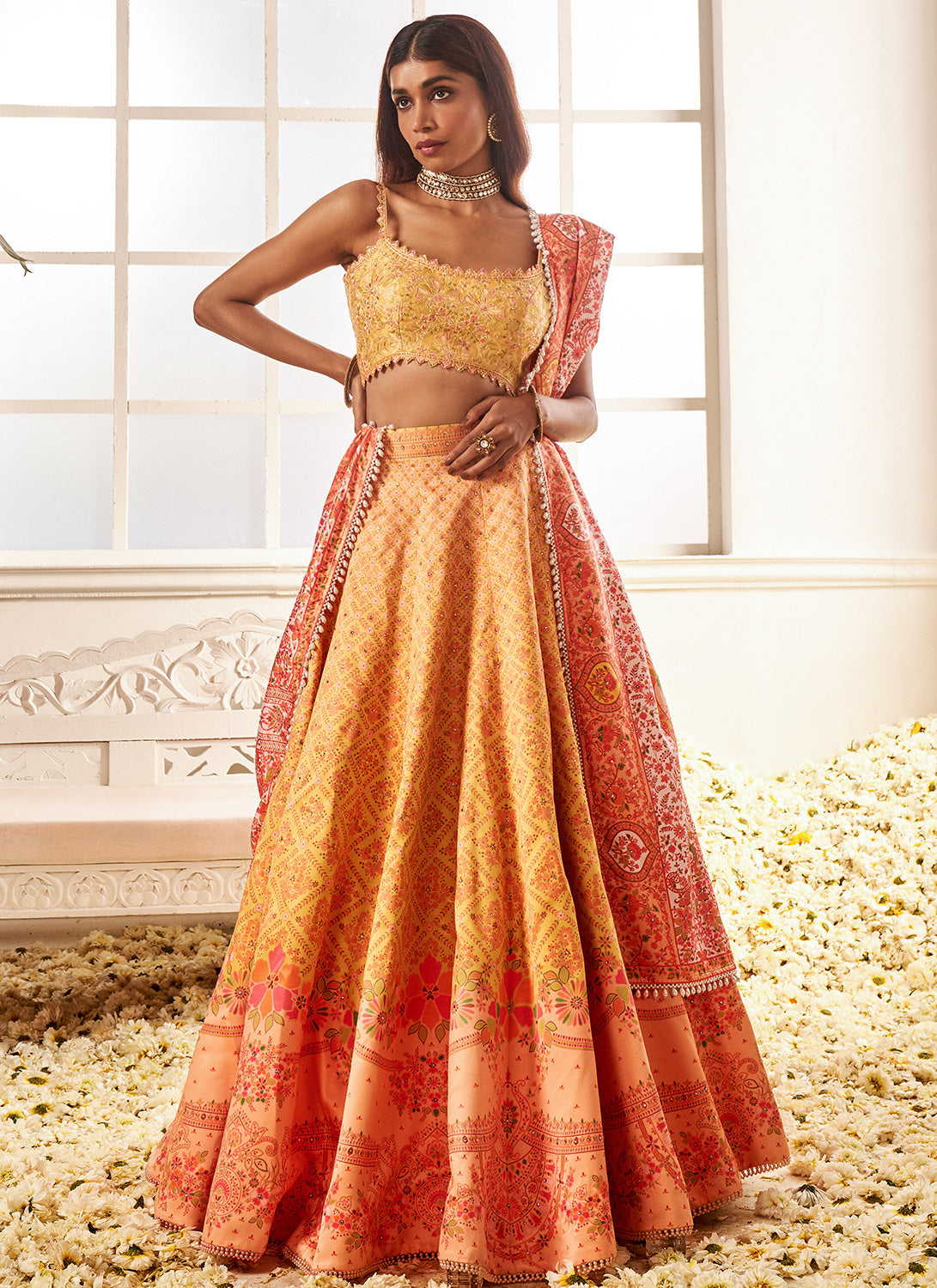 Yellow Multicolor Floral Printed Lehenga