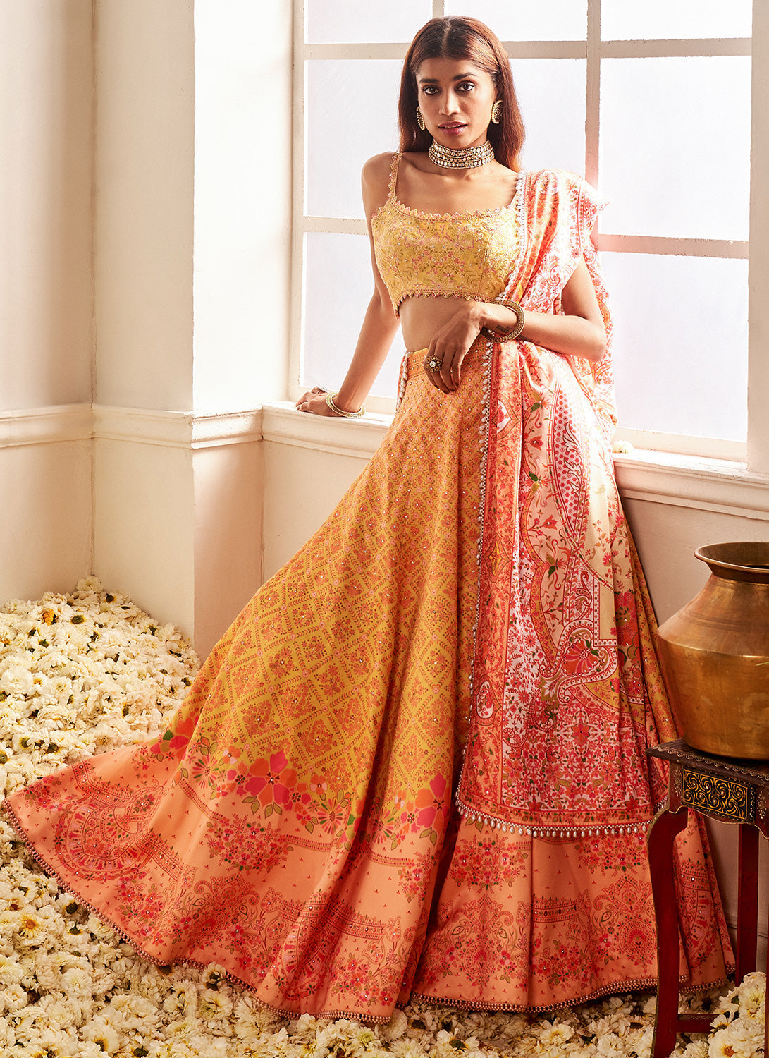 Buy Yellow chanderi printed lehenga choli at fealdeal.com