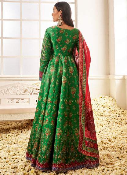 Red and Green Floral Printed Pant Style Anarkali