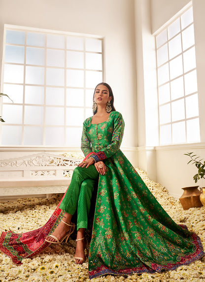 Red and Green Floral Printed Pant Style Anarkali