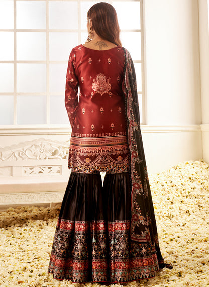 Deep Rust and Black Floral Printed Gharara Suit