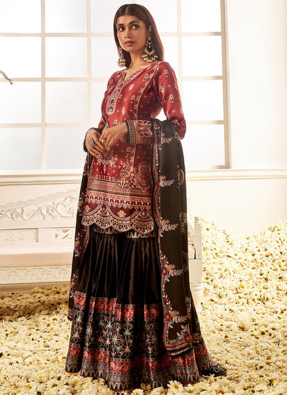 Deep Rust and Black Floral Printed Gharara Suit