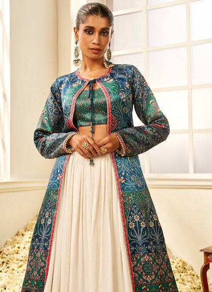 Teal Multicolor Floral Printed Lehenga With Jacket