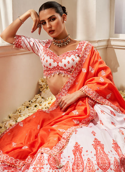 Orange and White Floral Printed Lehenga