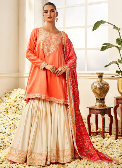 Coral and White Floral Printed Gharara Suit