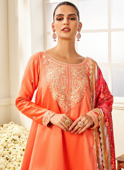 Coral and White Floral Printed Gharara Suit